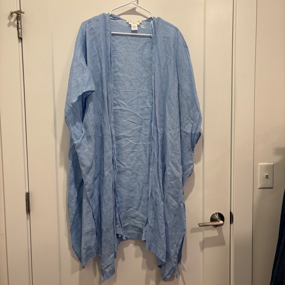 C&C California Women Light Blue Linen Open Front Kimono Wrap Cover Up One Size
